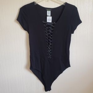 Beware! | Black Lace-Up Hooked Bodysuit